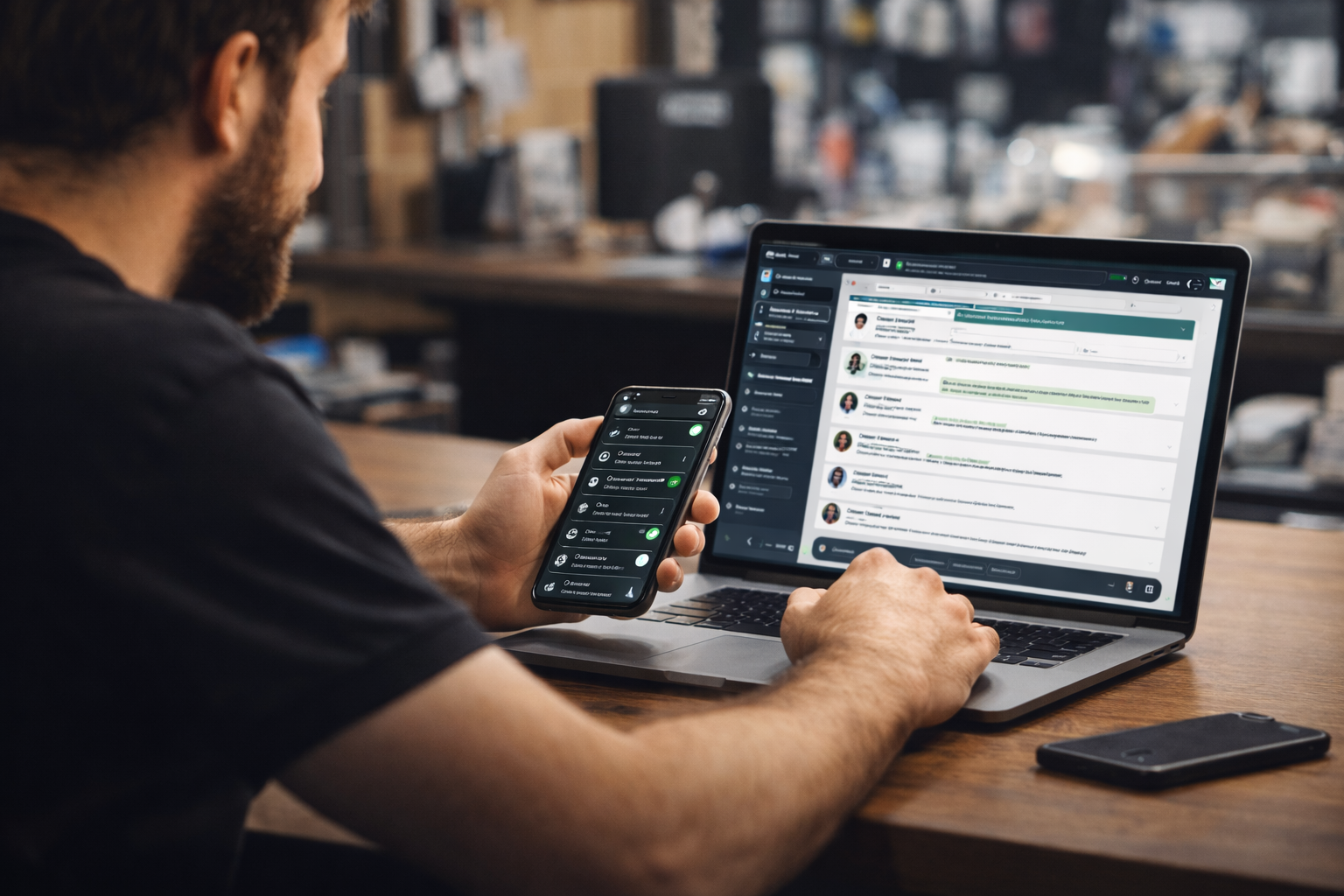 Pessoa trabalhando com laptop e celular